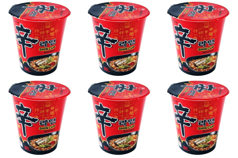 Six containers of Shin Ramyun with red and black packaging.