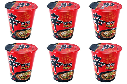 Six containers of Shin Ramyun with red and black packaging.