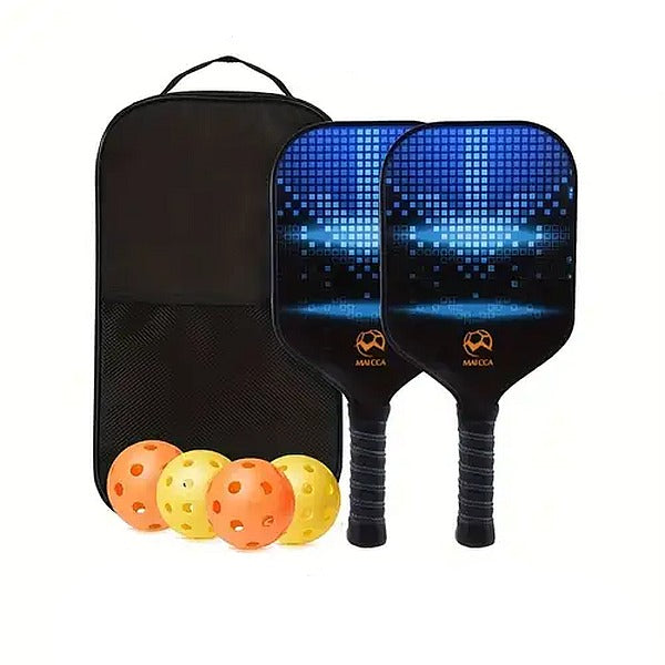 Pickleball Set Of 2 x Fiberglass Paddles, 4 Pickleball Balls & Carry Bag