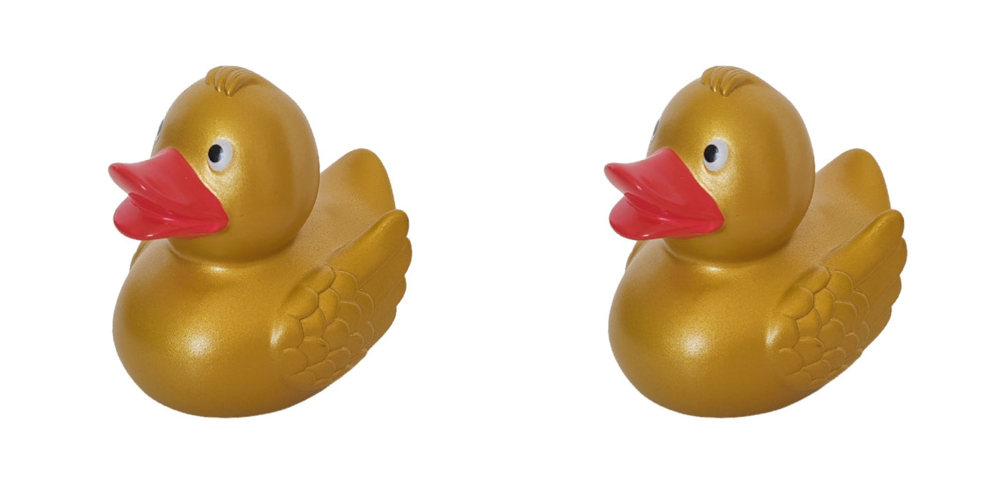 Two yellow rubber ducks with red beaks on a white background
