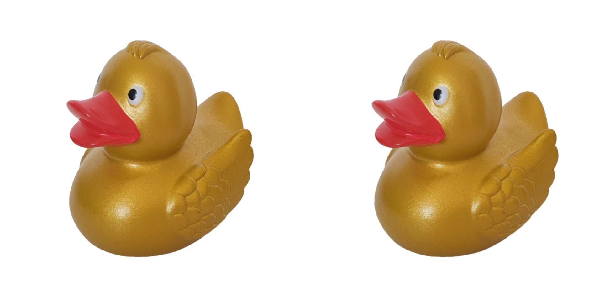 Two yellow rubber ducks with red beaks on a white background