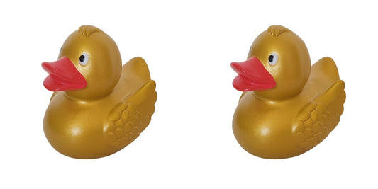 Two yellow rubber ducks with red beaks on a white background