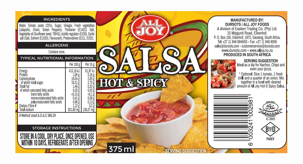 All Joy, Salsa, Hot & Spicy, 375ml Image, nutritional facts