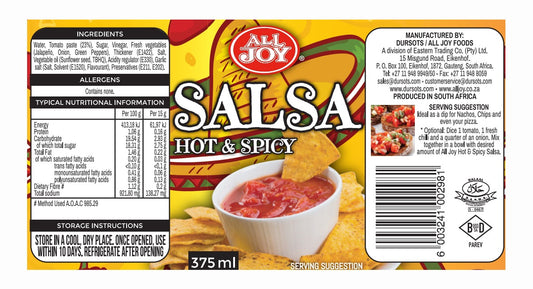 All Joy, Salsa, Hot & Spicy, 375ml Image, nutritional facts