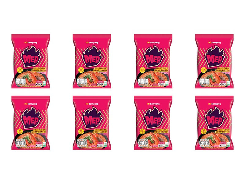 Eight packages of Mee Wok on a white background