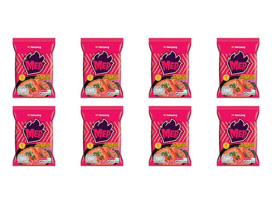 Eight packages of Mee Wok on a white background