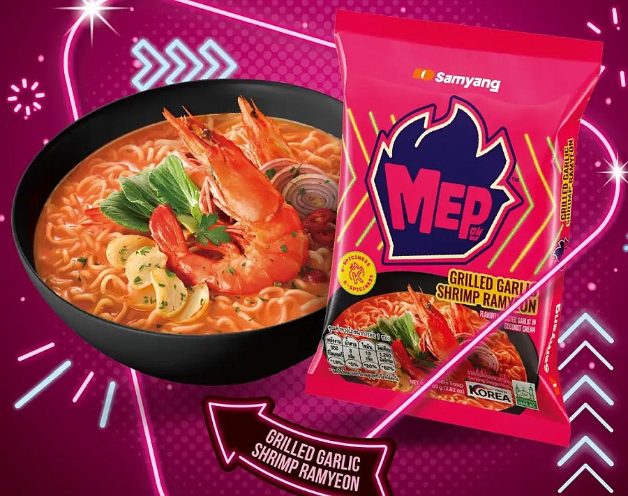 Samyang MEP Grilled Garlic Shrimp Ramyeon with a bowl of noodles on a vibrant pink background