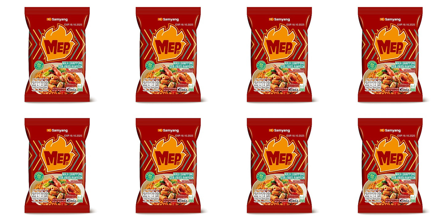 Multiple packages of Mep snack food on a white background