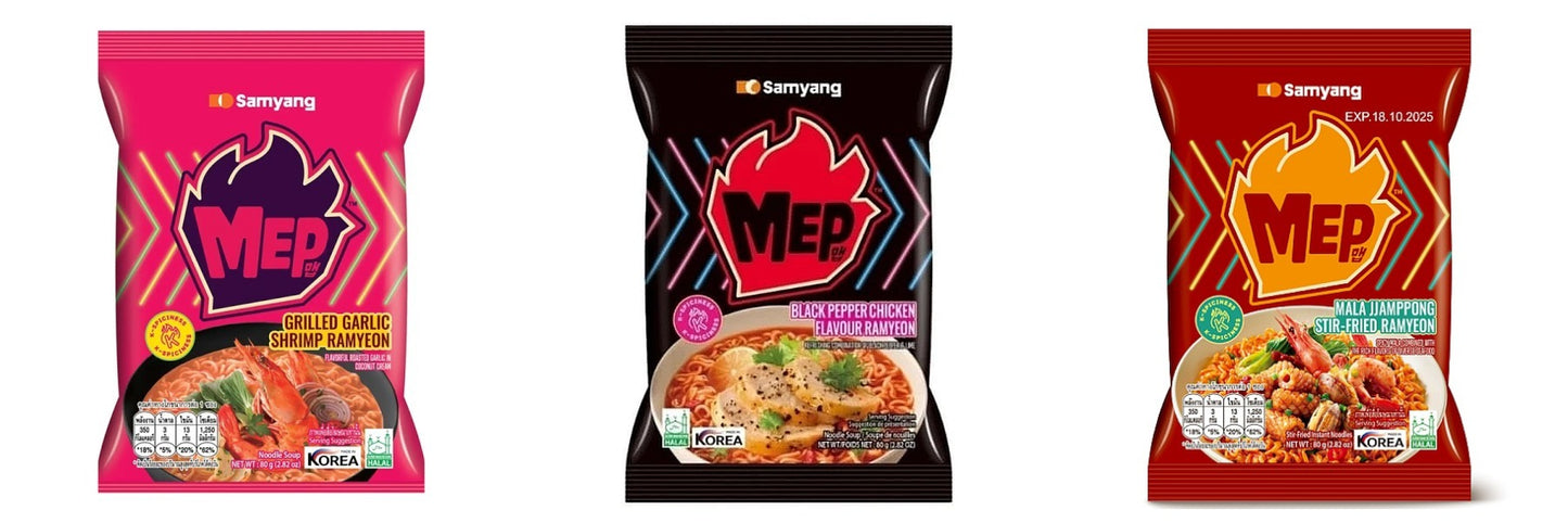 Three packages of Mep instant noodles with different flavors on a white background