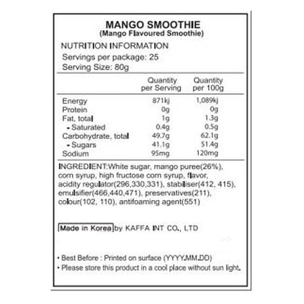 Nutrition information label for a mango smoothie package