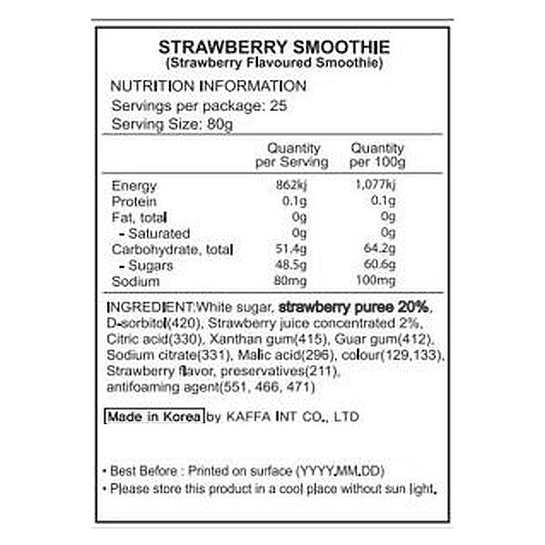 Nutrition information and ingredient list for a strawberry smoothie package.