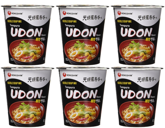 Six containers of Nongshim Udon Tempura noodle soup mix on a white background