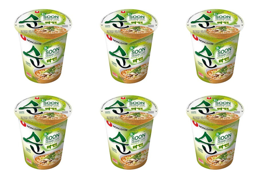 Six cups of Soon noodles with green and white packaging.
