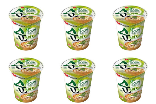 Six cups of Soon noodles with green and white packaging.
