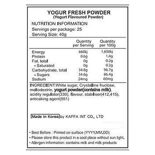 Nutrition information label for yogurt fresh powder on a white background