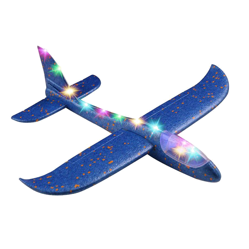 A blue foam airplane toy with a shiny surface and multicolored lights, designed for outdoor sports and flying.