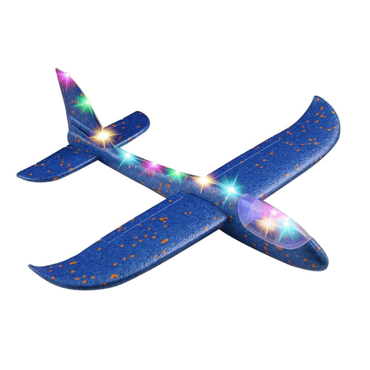 A blue foam airplane toy with a shiny surface and multicolored lights, designed for outdoor sports and flying.